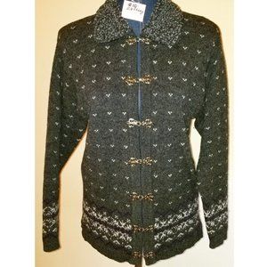 ✅#10 Mac & Jac Grey Multi-Color Wool Fair Isle Hand Knit Cardigan Removable Fur!